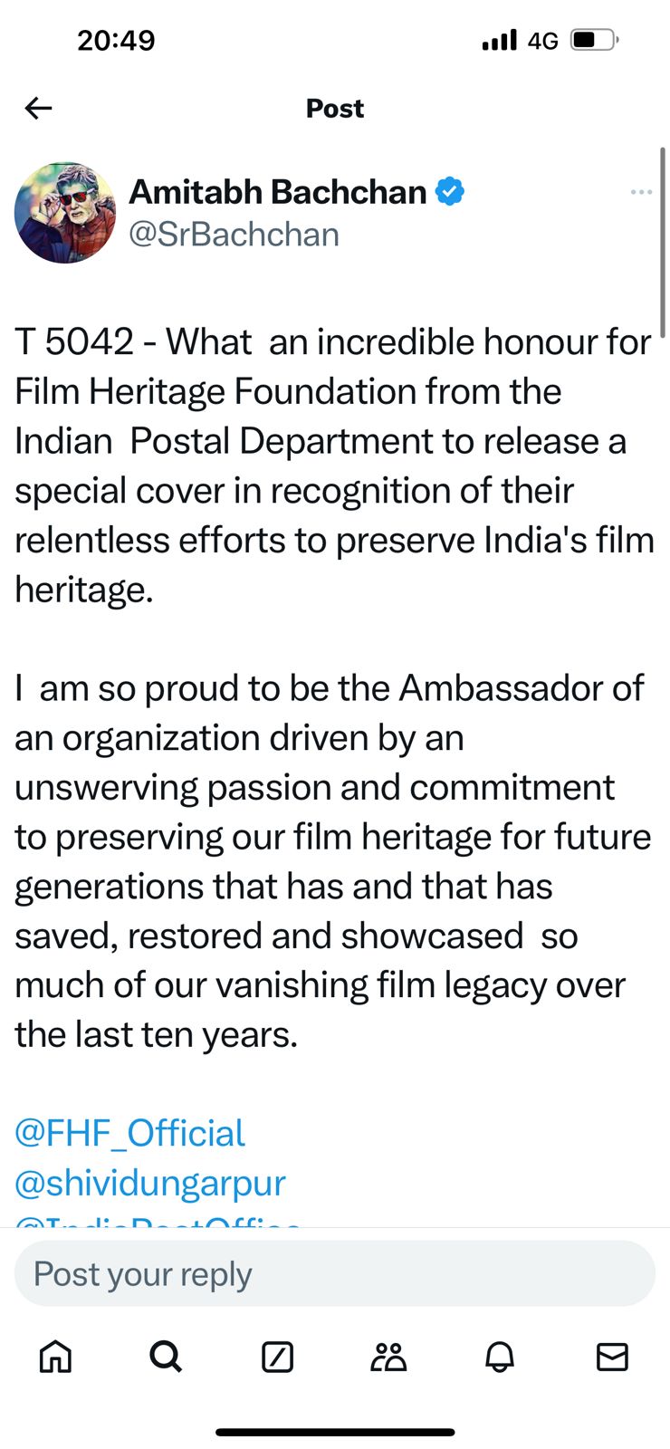 अमिताभ बच्चन ने फिल्म हेरिटेज फाउंडेशन की दसवीं वर्षगांठ पर भारतीय डाक विभाग की ओर से जारी विशेष कवर और पांच रु का टिकट जारी करने पर खुशी जाहिर की