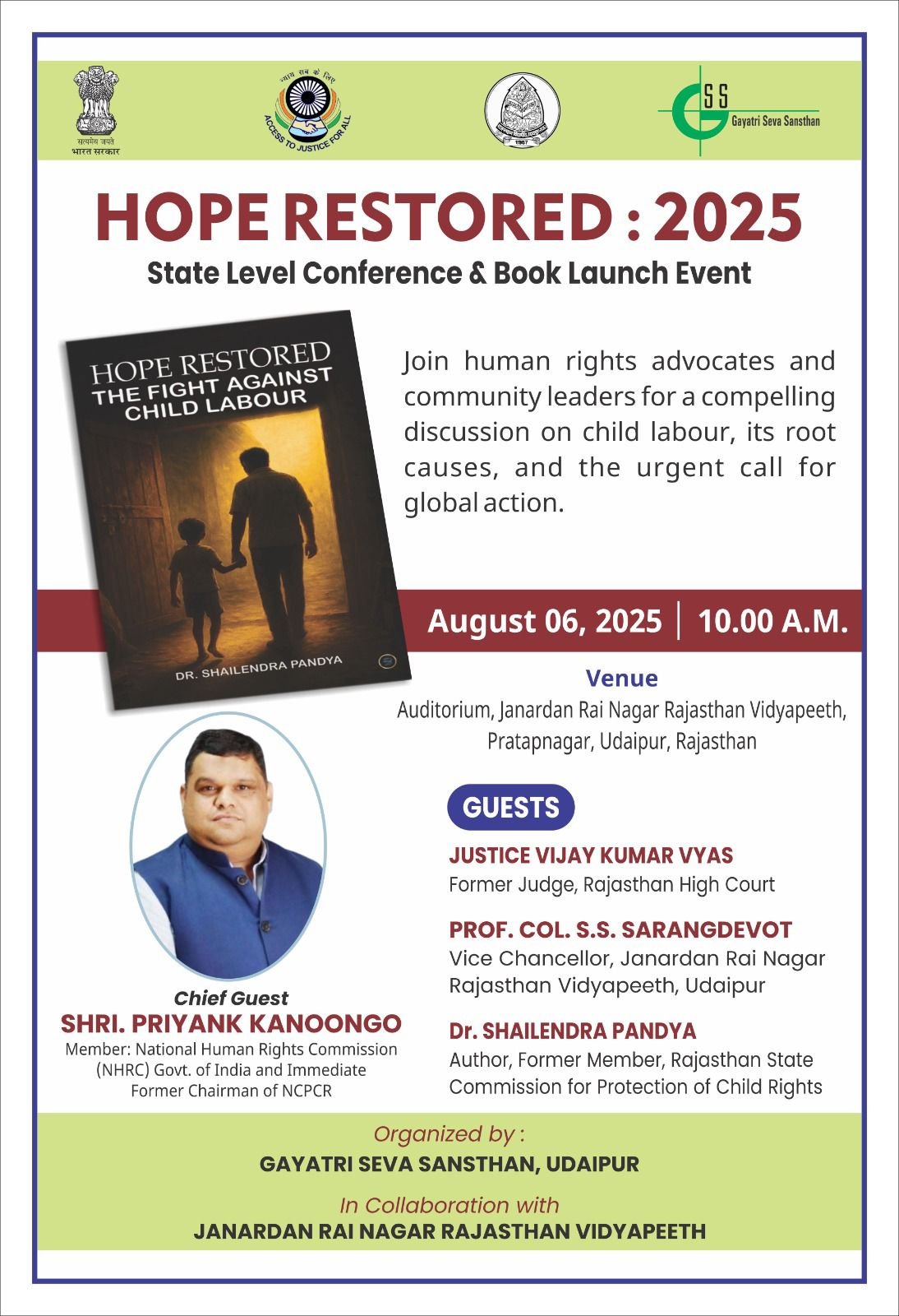 #### State-Level Consultation on Child Labour and Human Trafficking to be Held in Udaipur on August 6