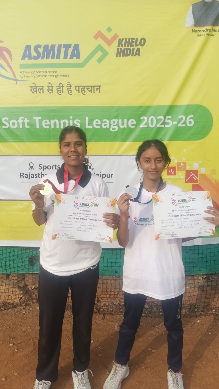 अस्मिता खेलो इंडिया सॉफ्ट टेनिस लीग में उदयपुर की दृष्टि व डाली ने जीते पदक