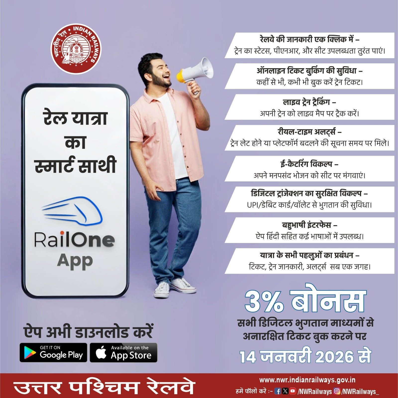 रेलवन ऐप के माध्यम से अनारक्षित टिकट बुक करने पर मिलेगी 03 प्रतिशत छूट
