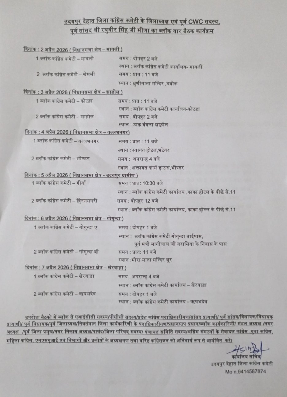 उदयपुर देहात जिला कांग्रेस का 'संगठन बढ़ाओ - लोकतंत्र बचाओ' अभियान 02 अप्रैल से।