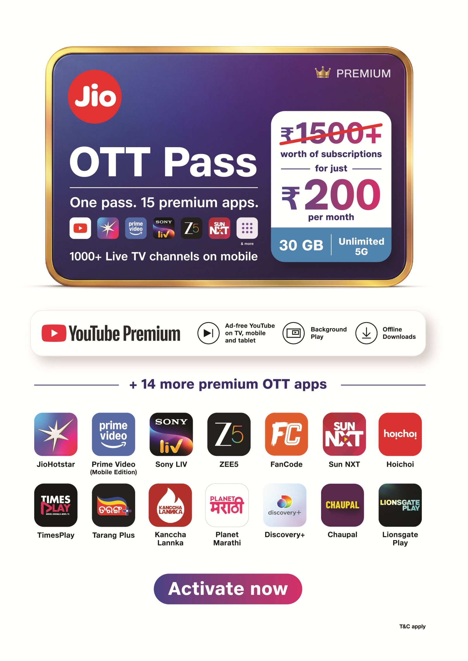 जियो का नया OTT पास: ₹200 में 15 OTT, 1000 से ज्यादा टीवी चैनल और 30GB डेटा