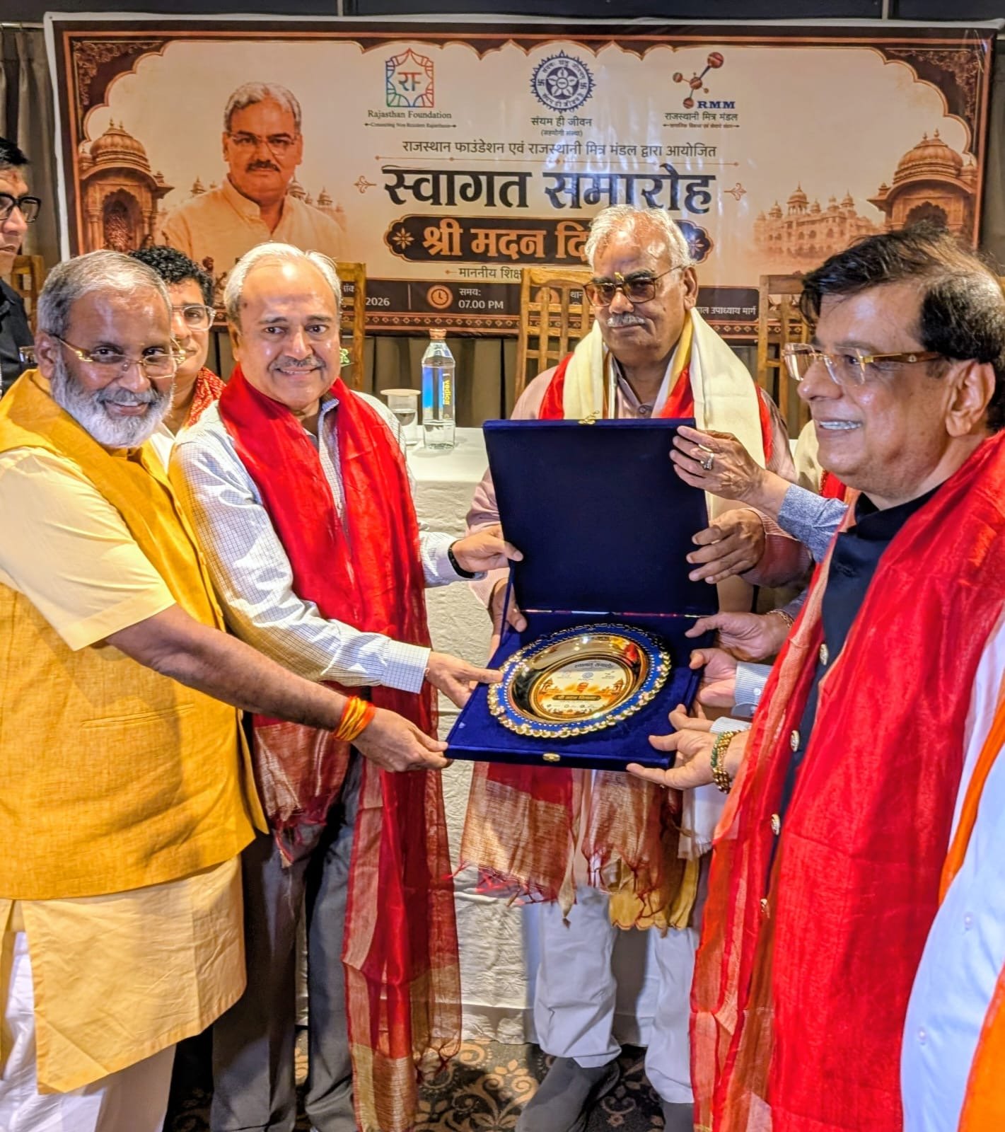 Rajasthan's Minister for Education, Sanskrit Education, and Panchayati Raj, Madan Dilawar, felicitated by the Rajasthani diaspora in Delhi
