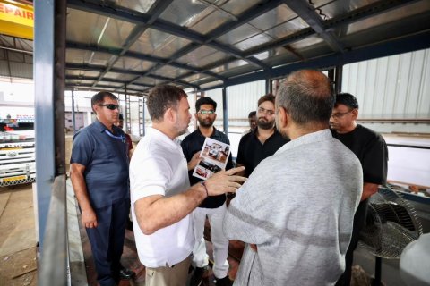 ###Rahul Gandhi Visits Bus Body Manufacturing Unit, Assures Support for Industry